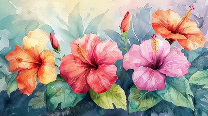 The image is a watercolor painting of hibiscus flowers