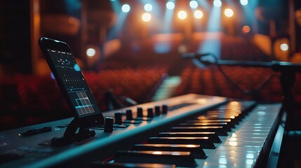 A mobile device tailored for music production, with studio-grade audio features and music composition apps, against a softly blurred concert hall backdrop, inspiring musical creativity