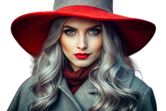 Elegant woman with silver hair, red hat, and bold red lips posing in an transparent background. A glamorous, stylish portrait showcasing confidence, beauty, and timeless fashion. 