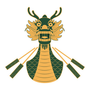 recommend clip art: Dragon Boat Festival dragon boat with oars line art hand drawn illustration. Dragon Boat Festival, traditional holiday clip art, card, banner, poster element. Asian style design, isolated vector.