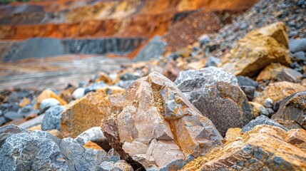 Vivid closeup of assorted rocks and earth at an open pit mining site, illustrating the rugged beauty of mining landscapes, close-up