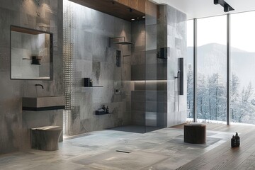 A bathroom with a large window and a stone tile floor