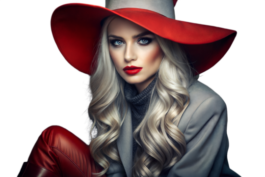 Elegant woman with silver hair, red hat, and bold red lips posing in an transparent background. A glamorous, stylish portrait showcasing confidence, beauty, and timeless fashion. 