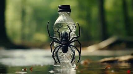 A water bottle with a double-walled fake spider inside, startling the person drinking from it