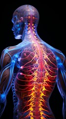 Vivid illustration of the back muscles in a human figure, showcasing the intricate network of muscles in bright colors