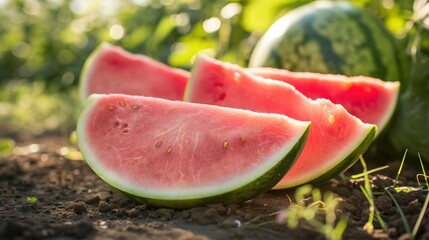 Several watermelon slices resting on the ground