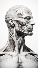 Minimalist line drawing of the human muscular system, emphasizing the major muscles on a clean backdrop