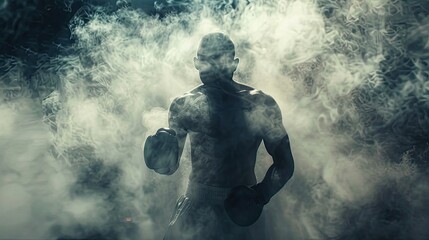 Fototapeta premium Boxing banner. Intense boxer readying for a fight amidst dramatic mist. sports themes and powerful narratives.