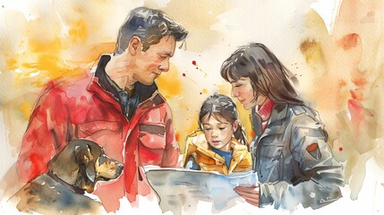 A family is hiking in the mountains. They are looking at a map and the dog is sniffing around.