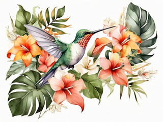 digital watercolor botanical illustration flying humming bird wild tropical flowers isolated on white background Paradise jungle collage Palm leaves monstera calla lily Floral arrangement
