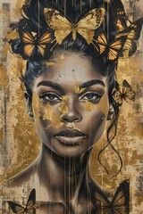 A close-up painting of an African American woman's face, detailed in black and highlighted with gold, with butterflies artistically placed as if they are whispering secrets. AI generated