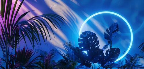A trendy scene where a neon blue ring illuminates a cluster of exotic plants, casting dynamic shadows and creating a visual contrast that is both striking and harmonious,