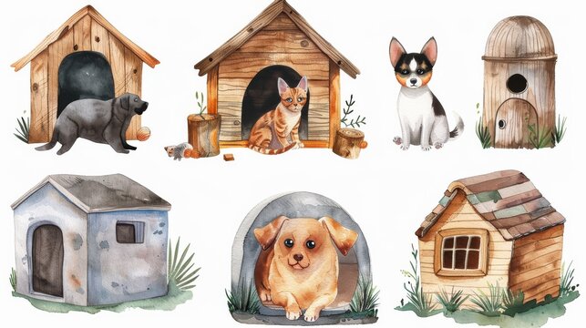 A set of cute cartoon watercolor pet houses. There are two doghouses, two cat houses, and two birdhouses. The houses are decorated with flowers and plants.