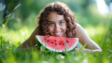 A woman laying in grass, holding a slice of watermelon