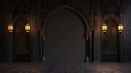 Obraz premium Islamic archway with ornate patterns and hanging lanterns, leading to the empty mosque hall