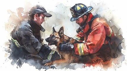 Firefighter and police officer with a search and rescue dog.