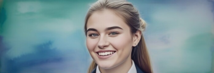 Obraz premium Smiling schoolgirl against the background of a green school board with space for text. Back to school