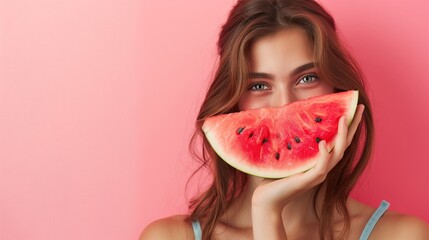 Woman smiling, holding watermelon slice up to face