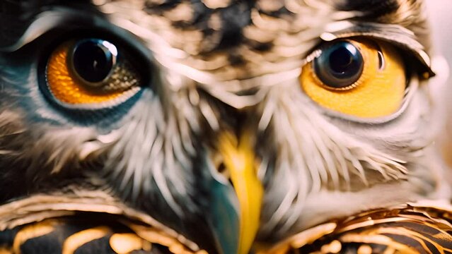 Close Up of Owl With Yellow Eyes Generative AI