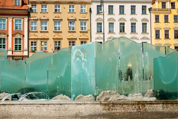 Medieval market square in Wroclaw, Poland. Beautiful glass Wroclaw fountain on the market square....