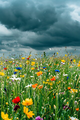Obraz premium A field of flowers is in the foreground and a storm is in the background