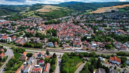 Aerial view of the city Rockenhausen in spring on a sunny day