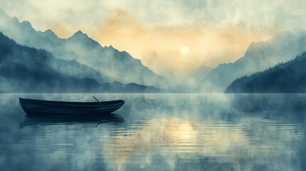 An early morning scene, featuring a lone boat on a misty lake with blue mountains rising majestically in the background. AI generated