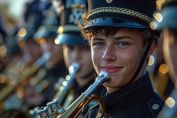 A young smiling trumpet player in uniform performing with a school band, enjoying the harmony of...