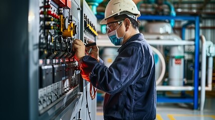 Optimizing Power Flow. A Technician Meticulously Logs Voltage and Current in the Control Panel of a Power Plant