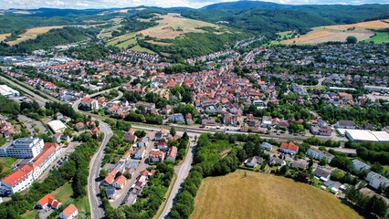Aerial view of the old town of Rockenhausen in Germany on a sunny day in spring	