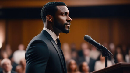 Black man speaker in suite behind tribune in the audience, blur background, cinematic style, politician and business concept