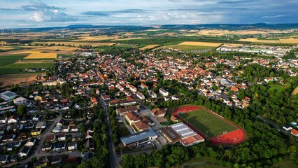 Aerial view of the old town of Sprendlingen in Germany on a sunny day in spring	