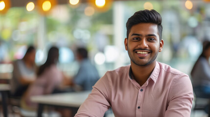 Obraz premium Smiling face of corporate employee on blur office background