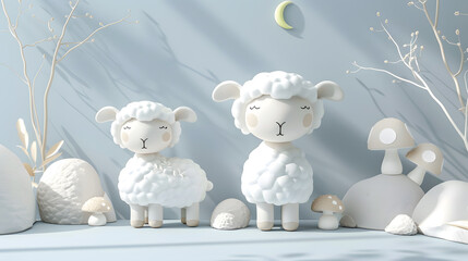 Cute sheep with moon and mushrooms on pastel background