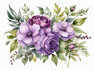 watercolor floral bouquet botanical arrangement isolated on white background Violet flowers and green leaves