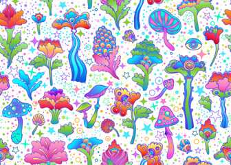 Magic mushrooms and stars seamless pattern. Psychedelic hallucination. 60s hippie colorful art. Vintage psychedelic textile, fabric, wrapping, wallpaper. Vector repeating illustration.