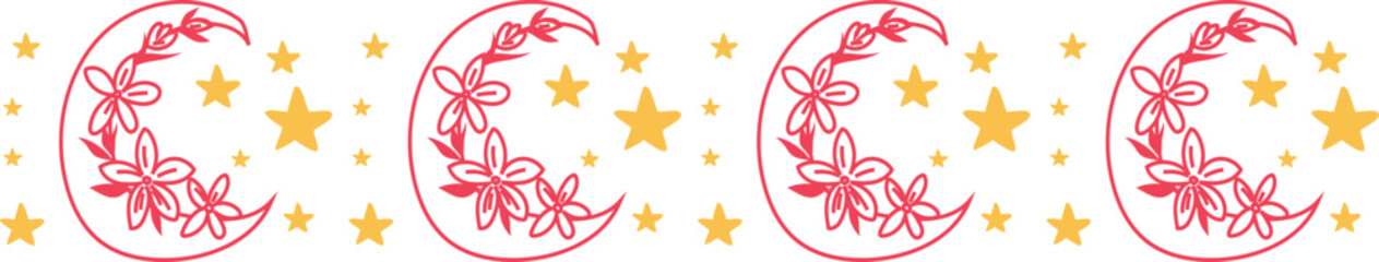 Beautiful moon doodle line border illustration on transparent background.	
