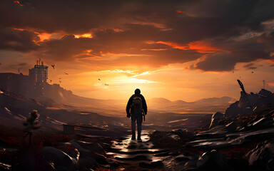 "A lone adventurer journeys through a post-apocalyptic landscape in search of hope."
