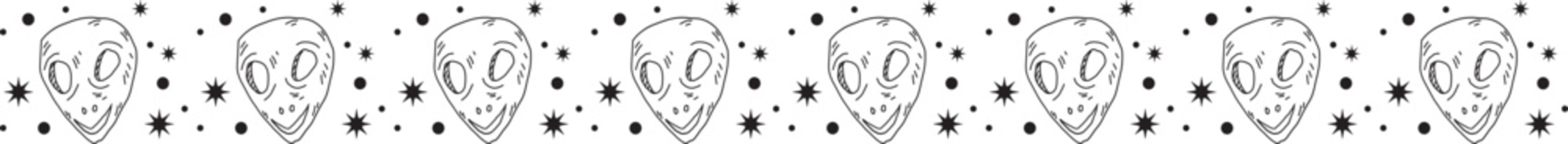 Alien doodle line border illustration on transparent background.
