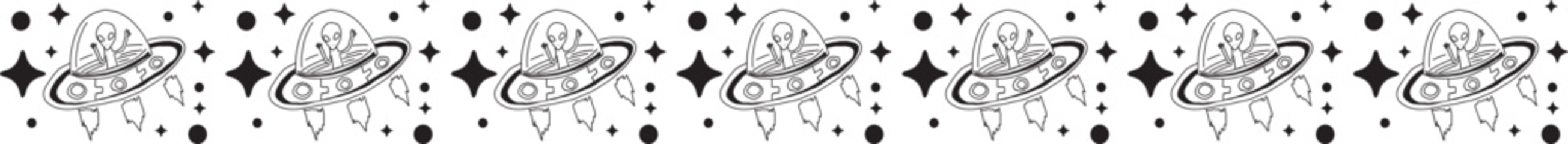 UFO line border illustration on transparent background.
