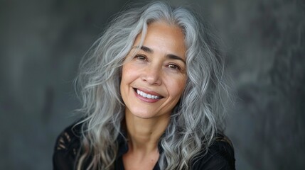 The radiant senior lady smiling and laughing with grey hair