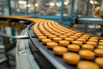 Obraz premium Rows of orange pills travel along a conveyor line in a pharmaceutical factory, close-up with background blur