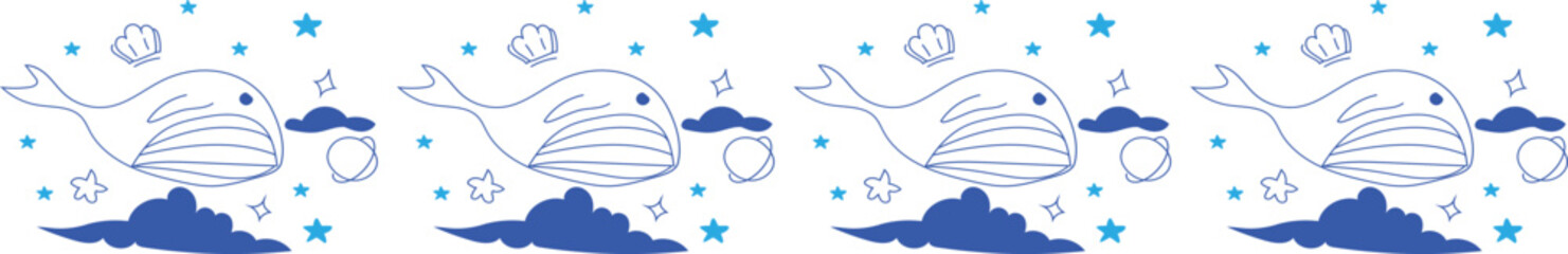 Cute whale line border on transparent background.
