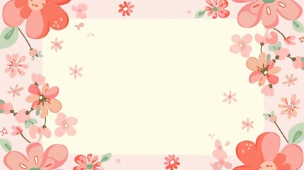 pink cherry flower meadow field with copy space cute cartoonish page print border design, with blank empty space for mock up message background