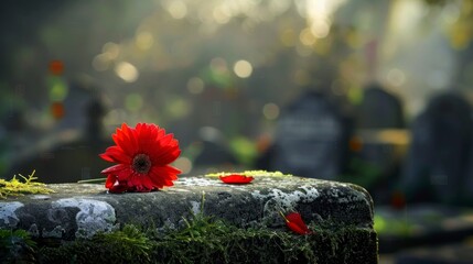 red flower on top of a tombstone