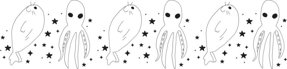 Cute squid line border on transparent background.
