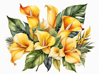 watercolor botanical illustration colorful tropical flowers floral arrangement wild jungle nature yellow calla lilies hawaiian paradise flora palm leaves clip art isolated on white background