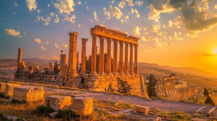 Obraz premium ancient columns of ancient roman buildings on a sunset