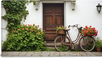 Fototapeta na wymiar Old bicycle with flowers in front of a door vegetated with ivy isolated on white