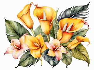 watercolor botanical illustration colorful tropical flowers floral arrangement wild jungle nature yellow calla lilies hawaiian paradise flora palm leaves clip art isolated on white background